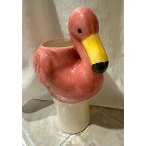 Hand-Painted Ceramic Flamingo Planter Vase Pink & Yellow ; Pretty in Pink Flamin